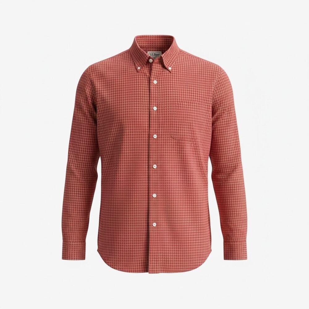 LL Bean Mens Medium Red Check Button Up Shirt Cotton Wrinkle Resistant